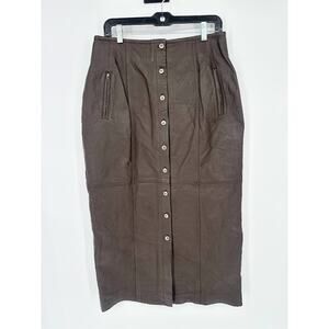 Vintage Y2K Real Leather Maxi Skirt Sz 14 Brown Button Front 90s Rare Minimalist